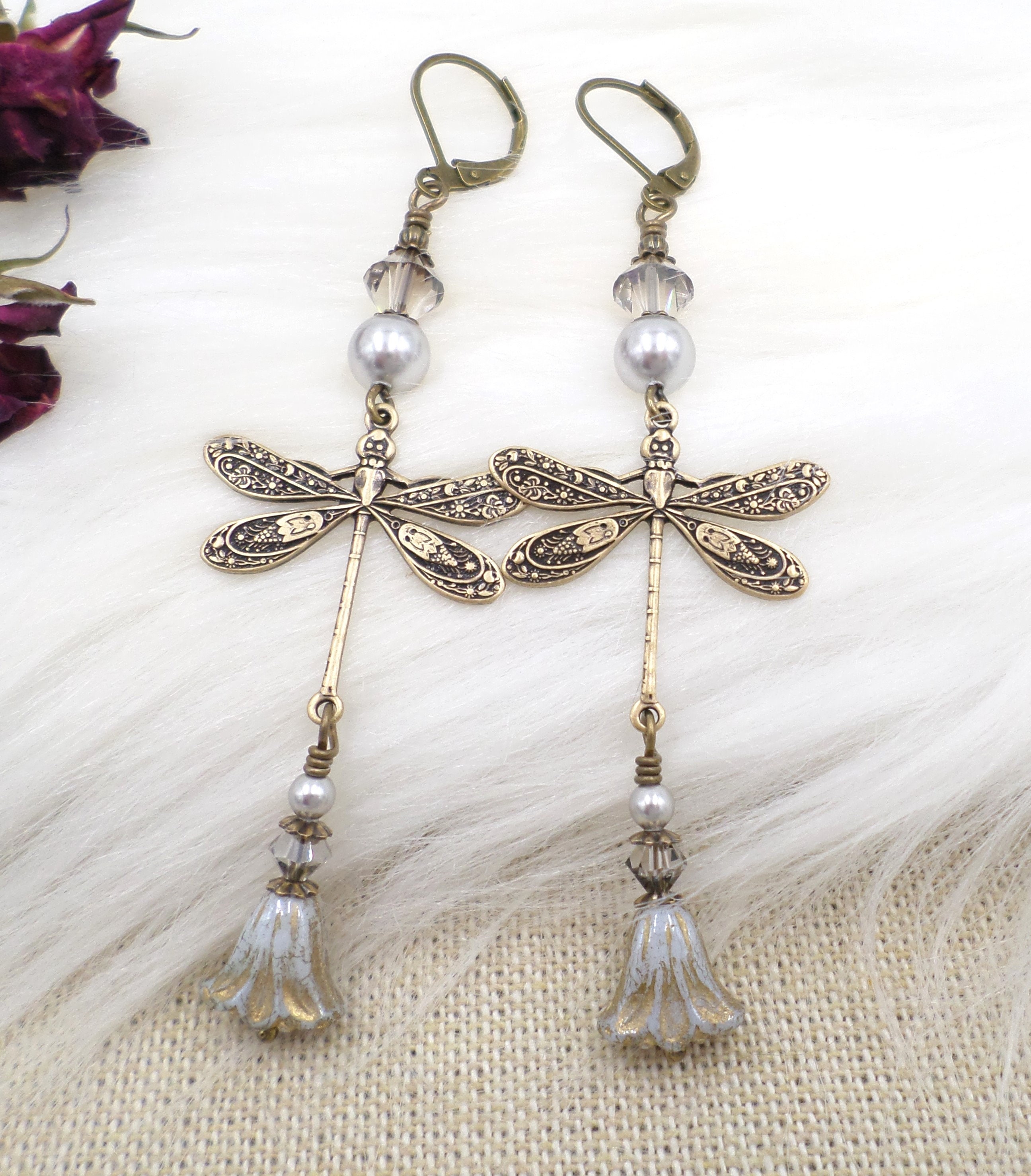 Dragonfly Dangle Earrings: Gray Pearl, Czech Glass Flower, Antiqued Brass