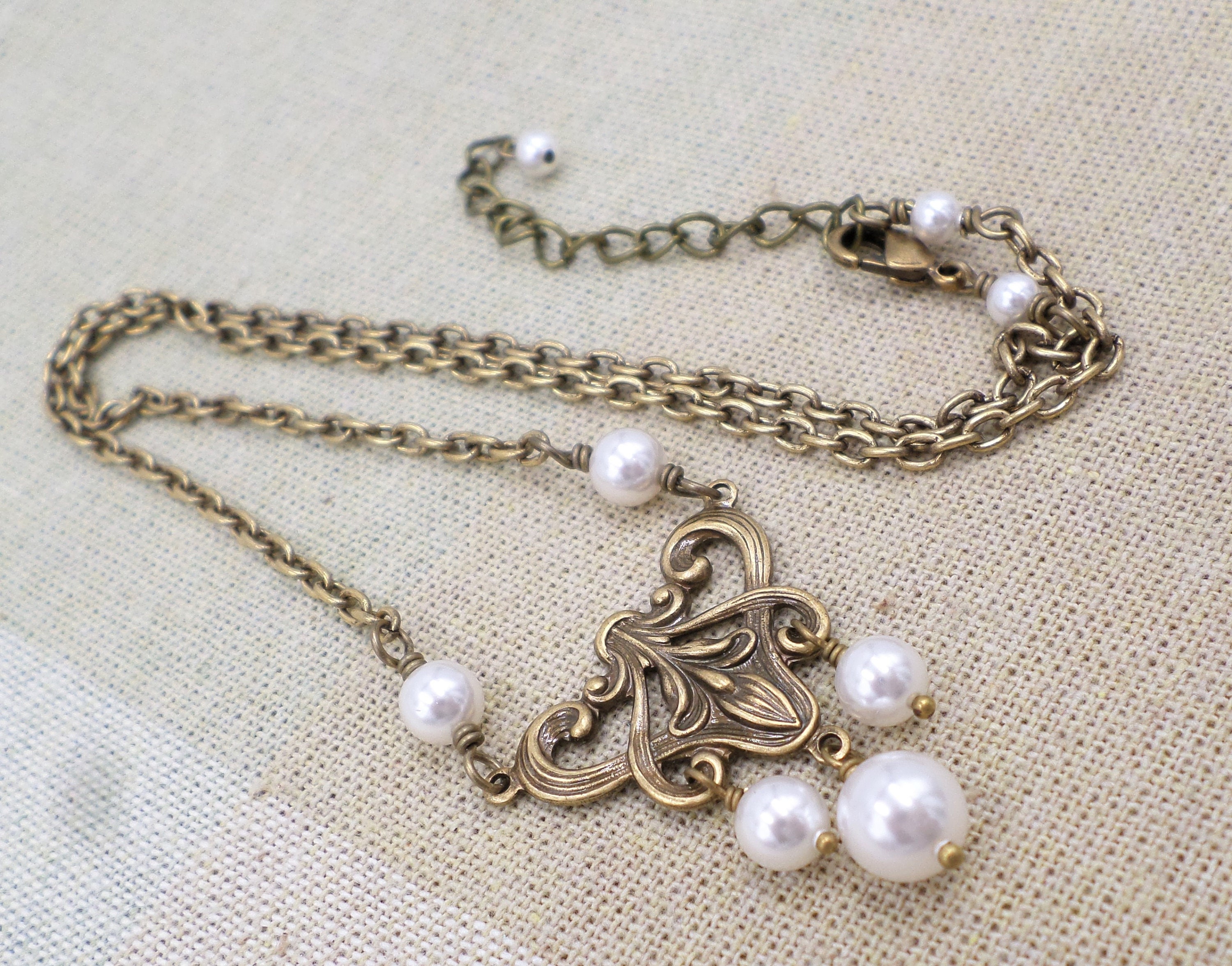 Art Nouveau White Pearl Brass Necklace Renaissance Costume | Etsy