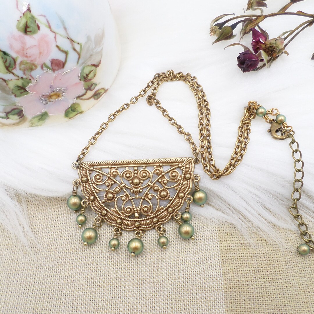 Brass Bohemian Filigree Necklace, Iridescent Green Pearls, Cottagecore ...