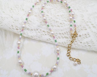 Handmade Pearl Pastel Seed Bead Necklace, Gold Clasp Minimalist Layering Jewelry