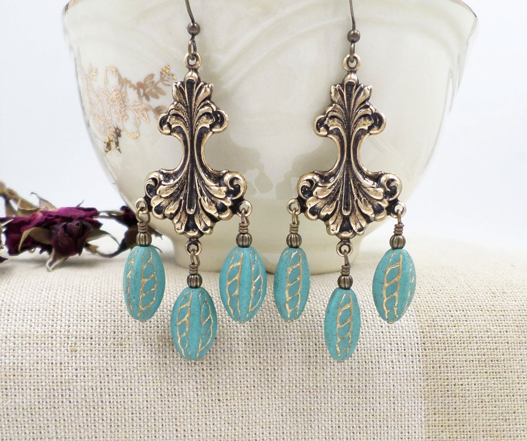 Big Chandelier Earrings, Green Blue Czech Glass Beads, Rustic Jewelry