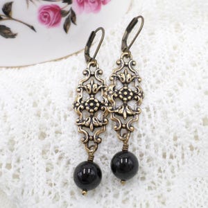 Black Pearl Filigree Dangle Earrings: Art Nouveau Understated Mourning Jewelry