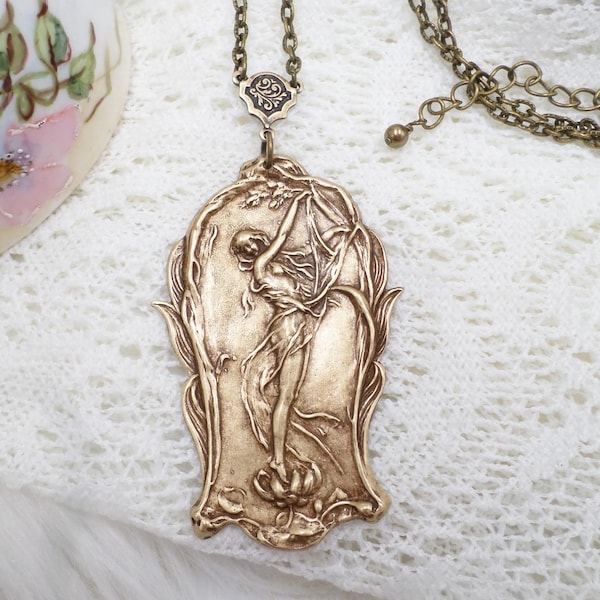 Antique Brass Goddess Necklace: Handmade Art Nouveau Floral Nymph Jewelry
