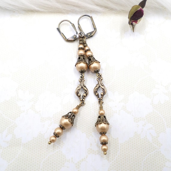 Long Gold Pearl Earrings: Handmade Victorian Brass Filigree Jewelry