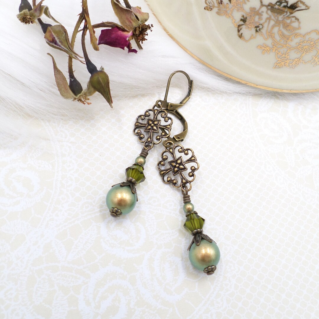Victorian Earrings: Brass Filigree, Olive Green Pearl Crystal