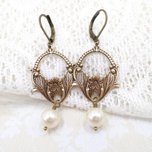 Art Nouveau Floral Earrings: Cream Pearl Dangle, Romantic Handmade Antique Brass Jewelry
