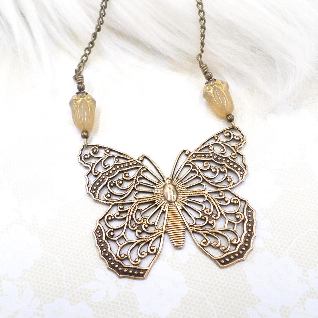 Butterfly Necklace Large Brass Filigree Czech Glass Flower Cottagecore ...
