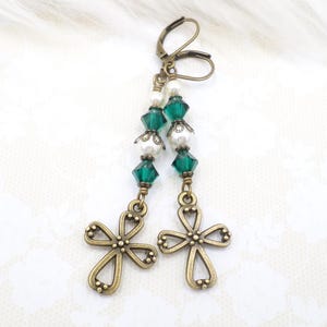 Cross Earrings Brass Metal Religious Dangle Emerald Green Crystal Jewelry May Birthstone Gift For Women Victorian Filigree Drop Earrings