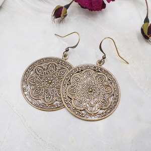 Large Brass Filigree Earrings: Bohemian Floral Dangle Jewelry