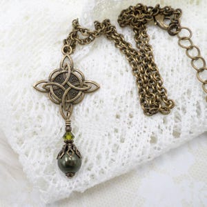 Celtic Knot Necklace: Antique Brass, Green Pearl Crystal Handmade Mystical Fantasy Jewelry