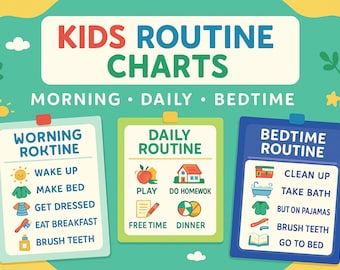 Puede incluir: Un colorido cuadro de rutinas para niños con el texto "KIDS ROUTINE CHARTS". El cuadro se divide en rutinas de la mañana, diarias y para dormir, cada una con una lista de actividades e ilustraciones correspondientes. El fondo es verde azulado.