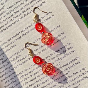 rose floral dangle earrings | handmade red and gold dangle earrings rose flower cute classy fancy romantic