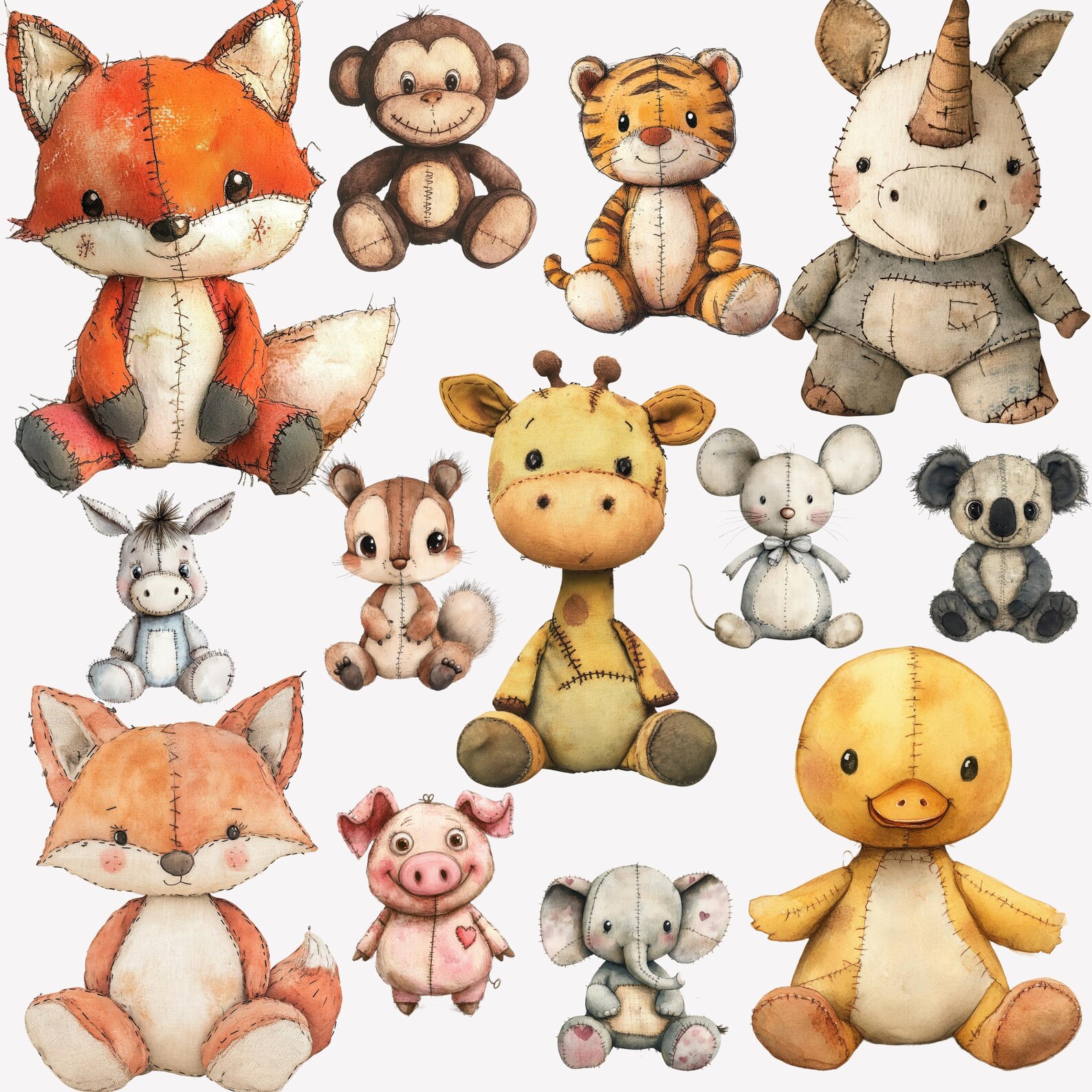 Watercolor Vintage Plush Animals Clipart, Nursery Stuffed Animals ...