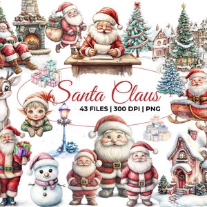 Babbo Natale acquerello, Clipart di Babbo Natale, Pacchetto di clipart di Natale, Villaggio di Natale, Clipart invernale, Renna di Natale, Babbo Natale carino PNG