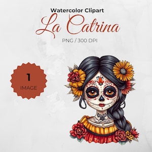 Watercolor Catrina Clipart, Dia De Los Muertos Clipart, Day Of The Dead, Mexican Halloween, La Catrina PNG, Mexican Clipart, Sugar Skull