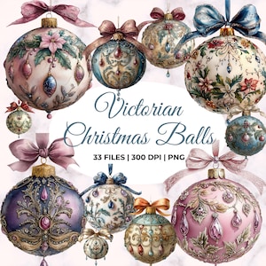 Victorian Christmas Balls Clipart, Christmas Ornament PNG, Watercolor Christmas Decoration, Christmas Tree Baubles, Winter Clipart
