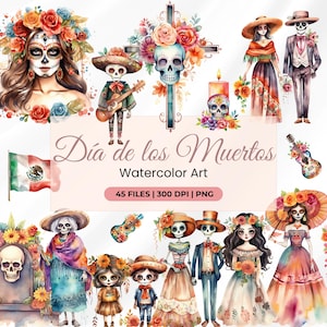 Clipart Dia De los Muertos aquarelle, graphique mexicain coloré pour le jour des morts, Halloween mexicain effrayant, crâne en sucre, La Catrina