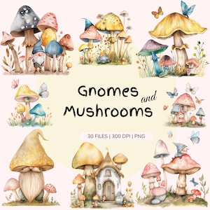 Aquarelle champignon champignon | Clipart nain | Champignons magiques | Nain de jardin | Décoration champignon | Forêt enchantée | Décoration bohème | Champignon PNG