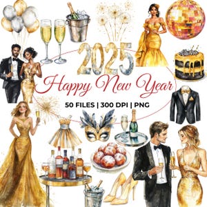 Akwarela Nowy Rok Clipart, Złoty Nowy Rok PNG, Sylwester 2025 Clipart, Szczęśliwego Nowego Roku Bundle, Szampan Clipart, Celebracja Clipart