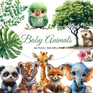 Clipart bébés animaux, clipart animaux aquarelle mignon, décoration de chambre d'animaux, clipart animal baby shower, bébés animaux de la jungle, animaux de la forêt