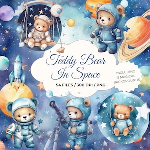 Teddybär im Weltraum Clipart, Austronaut Teddybär, nicht von dieser Welt Clipart, Aquarell Raumanzug, Weltraum-Thema-Baby-Dusche, Planeten