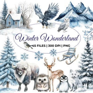Watercolor Winter Wonderland Clipart, Arctic Baby Animals, Christmas Cards Clipart, Cozy Winter PNG, Winter Landscape, Cute Forest Animals