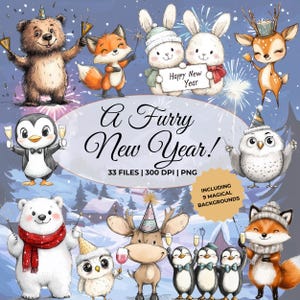 Clipart de animales de Año Nuevo en acuarela, paquete de Feliz Año Nuevo, lindos animales de Nochevieja, animales del bosque de invierno, animales del bosque de Navidad
