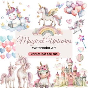 Watercolor Unicorn Clipart, Pastel Unicorns, Magical Kingdom, Rainbow Baby Unicorns, Princess Fantasy Clipart, Nursery Decor, Magic Castle