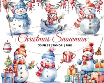 Watercolor Christmas Snowman Bundle, Snowman Clipart, Christmas Clipart Bundle, Winter Clipart, Cute Snowman PNG, Holiday Christmas Season