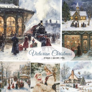 Clipart del periodo natalizio vittoriano, scena natalizia vintage, arte vittoriana classica, creazione di biglietti, scrapbooking, artigianato di carta, diario di scarto