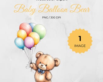 Akwarelowy balonowy miś, wystrój pokoju dziecięcego misia, miś clipart babyshower, słodki miś PNG, clipart balonów, urodziny