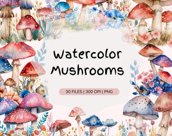 Mushroom Watercolor Clipart | Magic Mushrooms | Cute Mushroom Decor | Enchanted Forest | Flowers PNG | Botanical Decor | Boho Decor