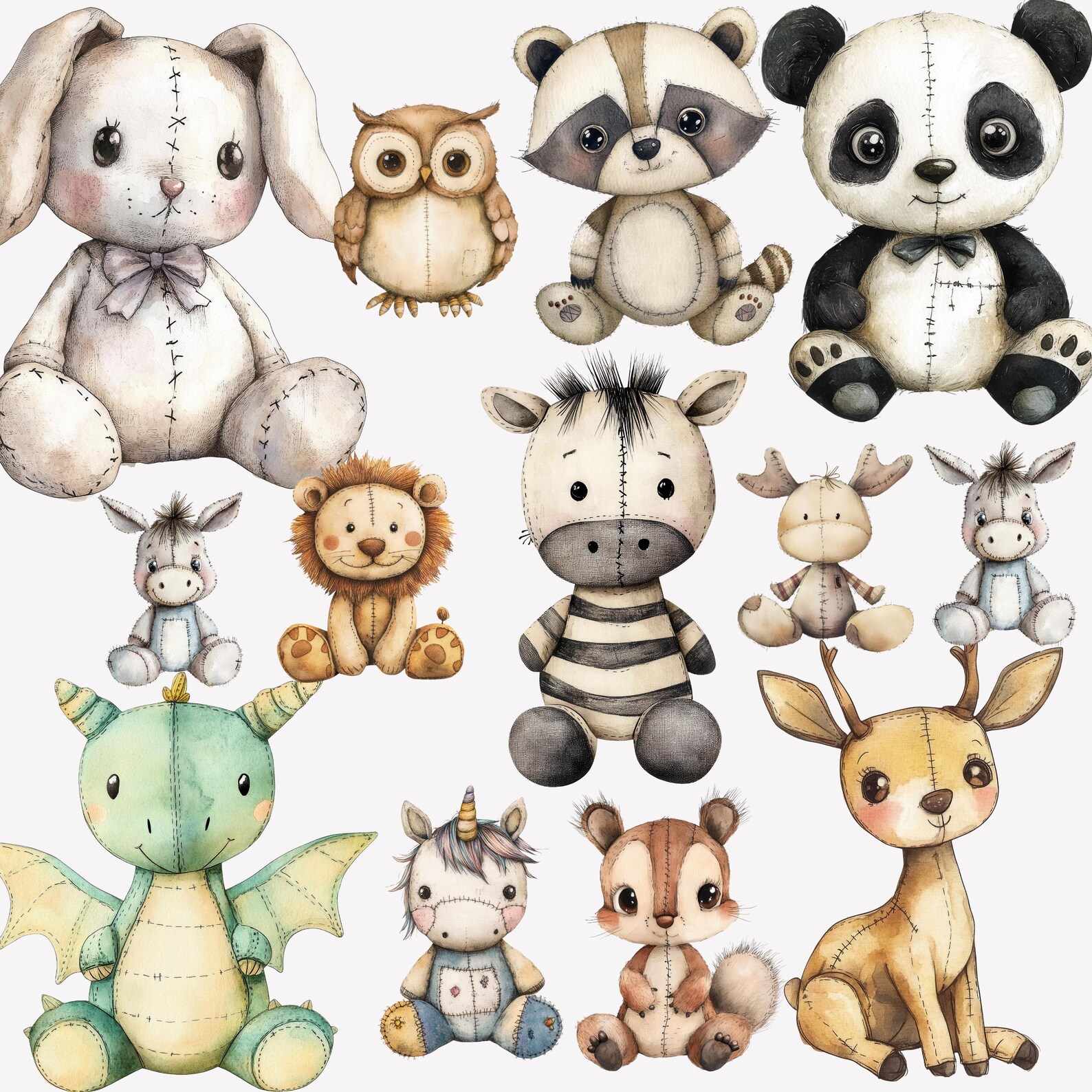 Watercolor Vintage Plush Animals Clipart, Nursery Stuffed Animals ...