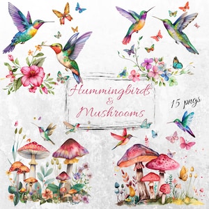 Aquarelle champignon champignon | Clipart Colibri | Champignons magiques | Aquarelle Colibri PNG | Forêt enchantée | Déco bohème pour chambre de bébé