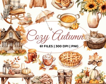 Pacchetto Clipart Autunno Acquerello, Clipart Autunno Accogliente, PNG Autunno Caldo, Ciao Autunno, Autunno Cottagecore, Clipart Torta Di Zucca Con Ombrello Da Caffè