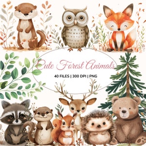 Clipart animaux de la forêt, mignons animaux de la forêt, décoration de chambre d'enfant, Clipart baby shower des bois, ours, clipart aquarelle animaux de la forêt, renard