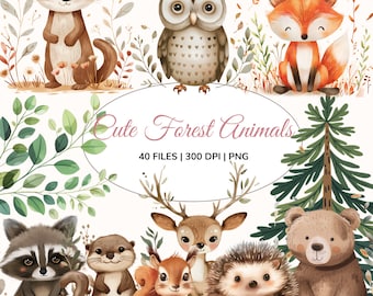 Forest Animals Clipart, Cute Woodland Animals, Nursery Decor, Woodland Baby Shower Clipart, Bear, Woodland Animals Watercolor Clip Art, Fox