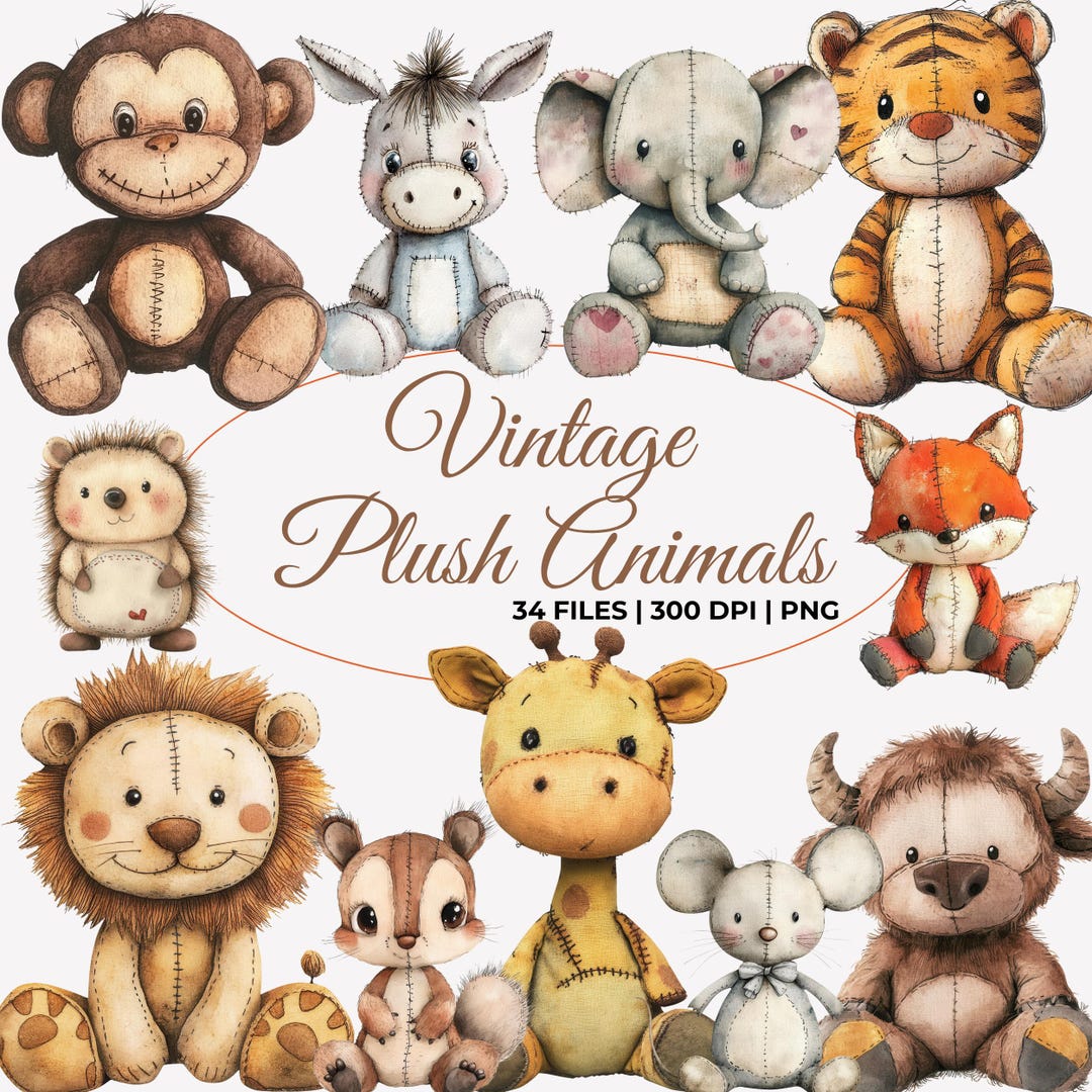 Watercolor Vintage Plush Animals Clipart, Nursery Stuffed Animals ...