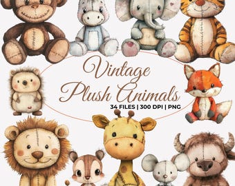 Watercolor Vintage Plush Animals Clipart, Nursery Stuffed Animals Clipart, Babyshower Decor, Nursery Decor, Baby Animal PNG, Scrapbooking