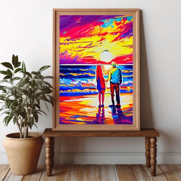 Colourful Sunset Poster, Tropical Beach Sunset, Couples Art, Summer, Love, Dusk, Waves, Water, Colourful Landscape, Wall Decor, Gifts