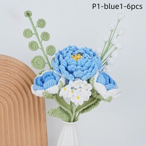 6PCS Crochet Peony Rose Bouquet & Heart Card,Handmade Knitted Flowers,Pink Peony Bouquet,Perfect Gifts for Girlfriend, Graduation P1-blue1-6pcs