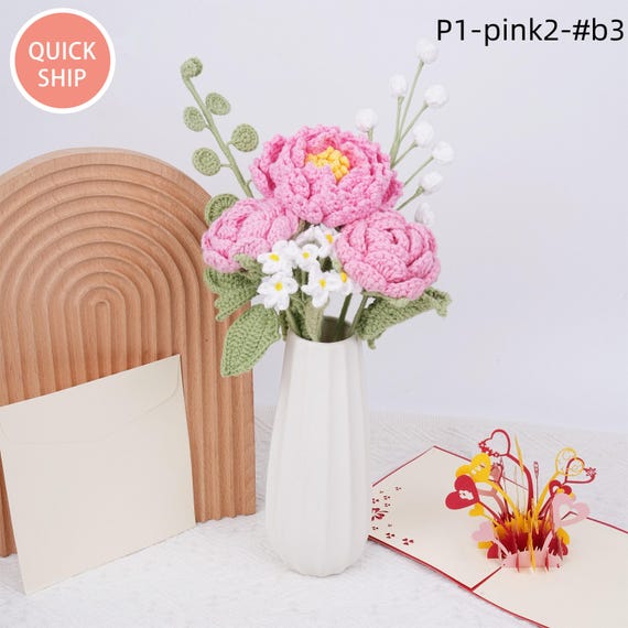 6PCS Crochet Peony Rose Bouquet & Heart Card,Handmade Knitted Flowers,Pink Peony Bouquet,Perfect  Gifts for Girlfriend