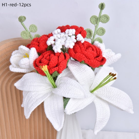12pcs Crochet Rose Lily Bouquet,handmade Knit Baby's Breath Tulip