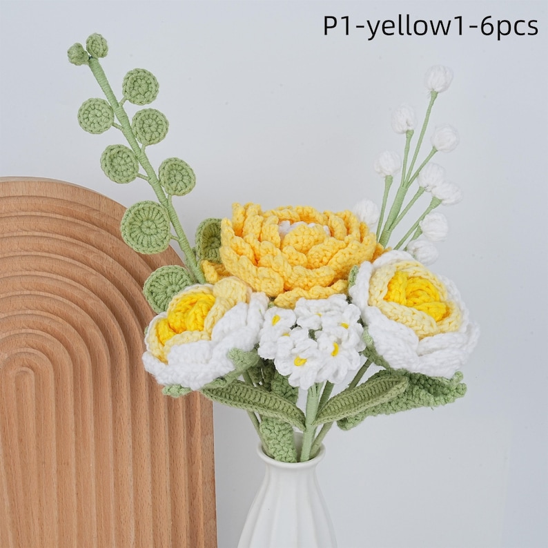 6PCS Crochet Peony Rose Bouquet & Heart Card,Handmade Knitted Flowers,Pink Peony Bouquet,Perfect Gifts for Girlfriend, Graduation P1-yellow1-6pcs