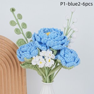 6PCS Crochet Peony Rose Bouquet & Heart Card,Handmade Knitted Flowers,Pink Peony Bouquet,Perfect Gifts for Girlfriend, Graduation P1-blue2-6pcs