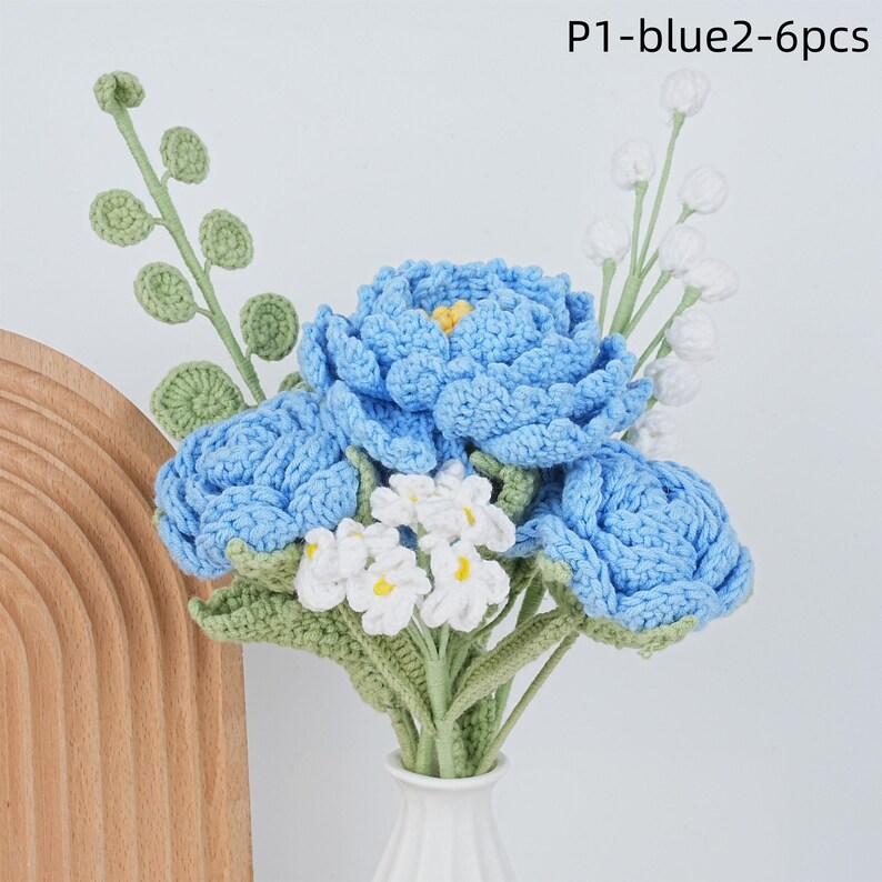6PCS Crochet Peony Rose Bouquet & Heart Card,Handmade Knitted Flowers,Pink Peony Bouquet,Perfect Gifts for Girlfriend, Graduation P1-blue2-6pcs
