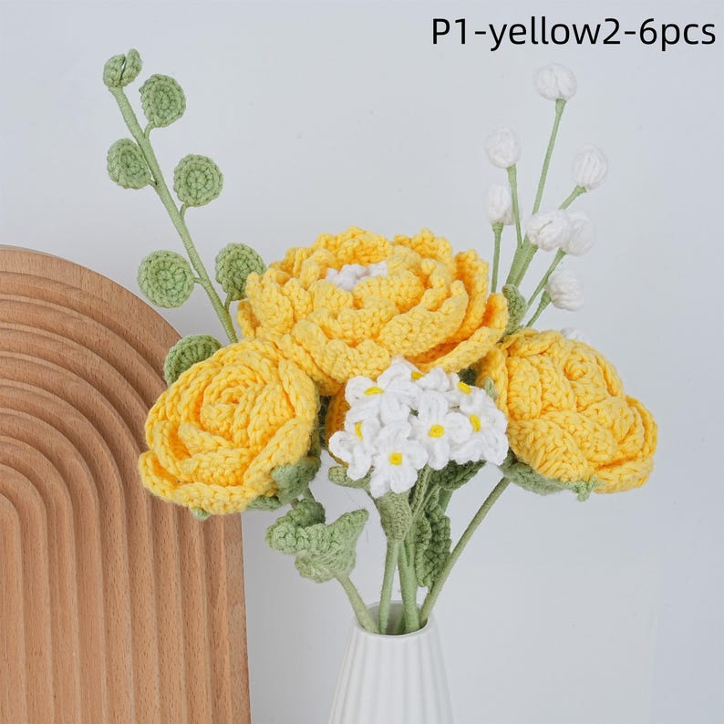6PCS Crochet Peony Rose Bouquet & Heart Card,Handmade Knitted Flowers,Pink Peony Bouquet,Perfect Gifts for Girlfriend, Graduation P1-yellow2-6pcs