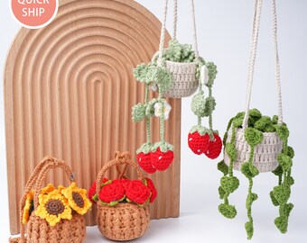 Cute Crochet Plant Basket Car Hanging,Bon Voyage,Wall Hanging,Rear View Mirror Accessories,Gift For Plant Lovers,Drivers,Fall Style Gift