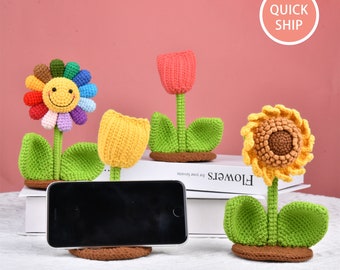 Cute Crochet Flower Phone Stand,Knitted Tulip Sunflower,Table Decor,Mini Crochet Plant,Phone Accessories,Thank You,Flower,Birthday/Fall Gift