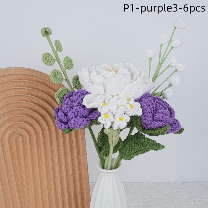 6PCS Crochet Peony Rose Bouquet & Heart Card,Handmade Knitted Flowers,Pink Peony Bouquet,Perfect Gifts for Girlfriend, Graduation P1-purple3-6pcs